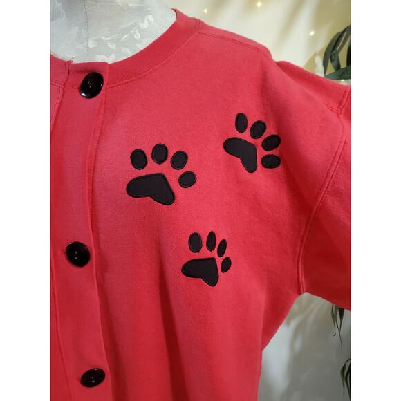 Vtg Tracey Designs Button Dog Cardigan Sweatshirt Size L Pockets Artsy Red Paws - Picture 5 of 12